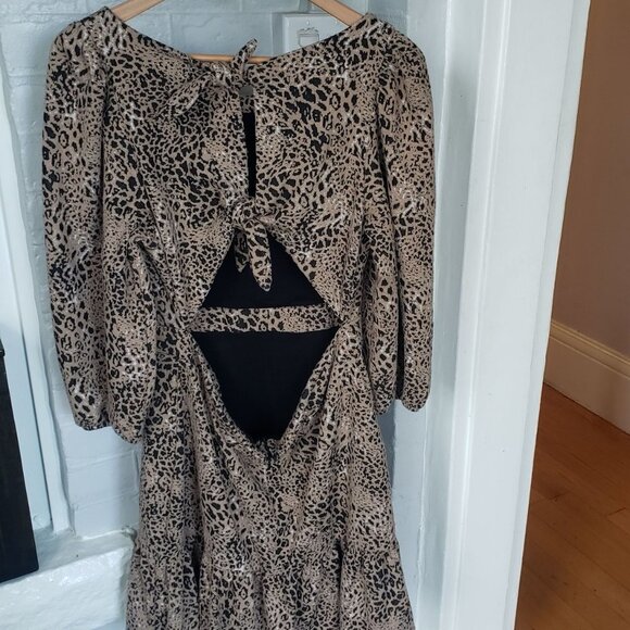 Anthropologie MAEVE PUFF SLEEVES ANIMAL PRINT CUT OUT MINI DRESS SIZE 14 - Picture 5 of 16